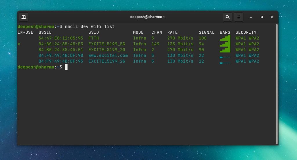 backup wifi passwords linux Linux terminal window with nmcli command showing version