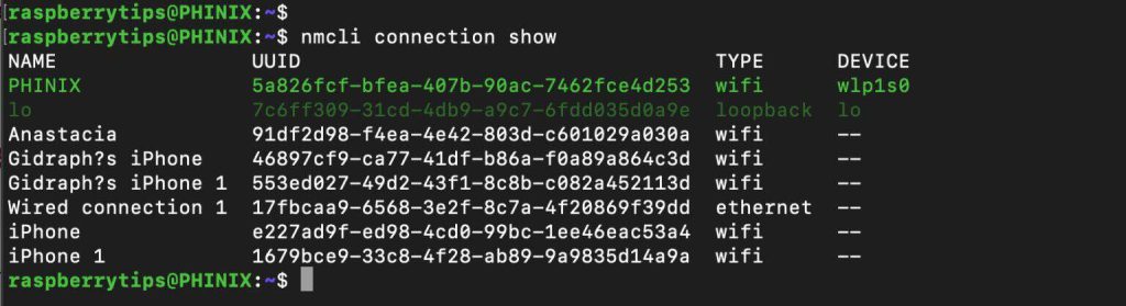 backup wifi passwords linux nmcli connection show output listing wifi connections