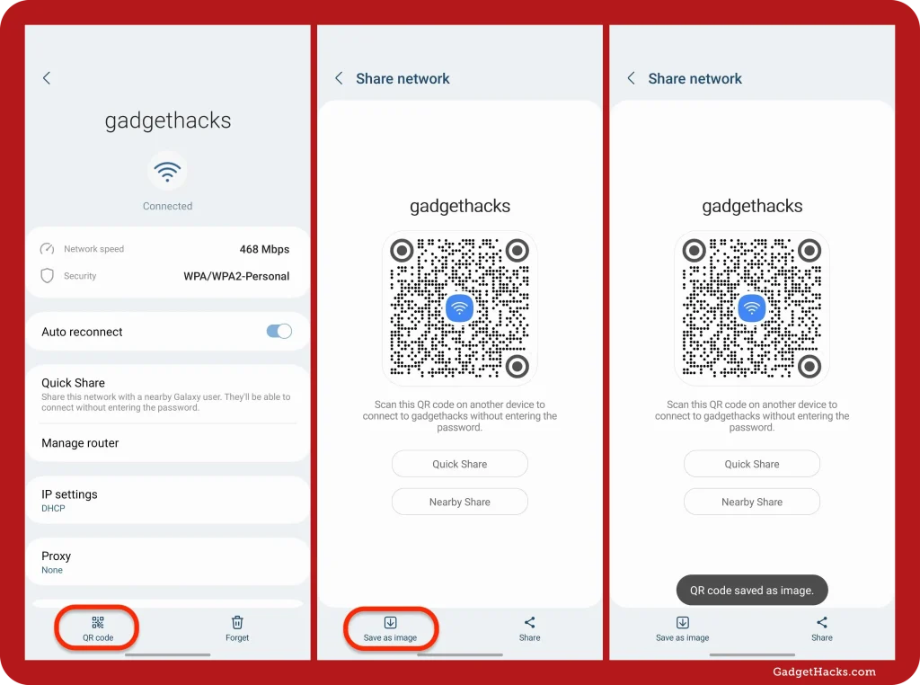 backup wifi passwords to cloud Android phone showing saved WiFi network QR code sharing option