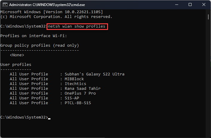 backup wifi passwords to cloud Windows Command Prompt running as administrator with netsh wlan export profile command shown