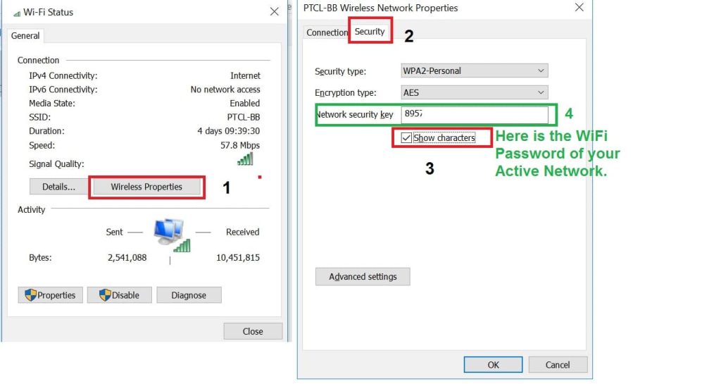 beginner wifi password recovery tutorial Windows 10 WiFi settings network properties show password checkbox