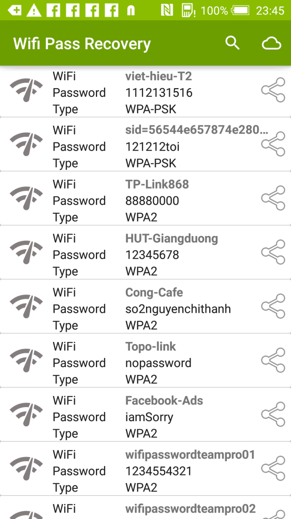 best wifi password recovery tool for android WiFi Password (ROOT) app showing list of saved networks with passwords displayed