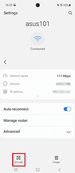business wifi password recovery Android WiFi settings screen showing QR code and password