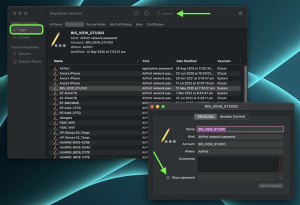 business wifi password recovery Mac Keychain Access window with WiFi network name highlighted