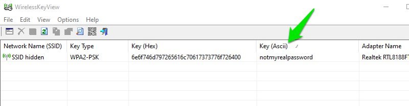 fast wifi password recovery utility WirelessKeyView close-up of the Key column showing a WiFi password