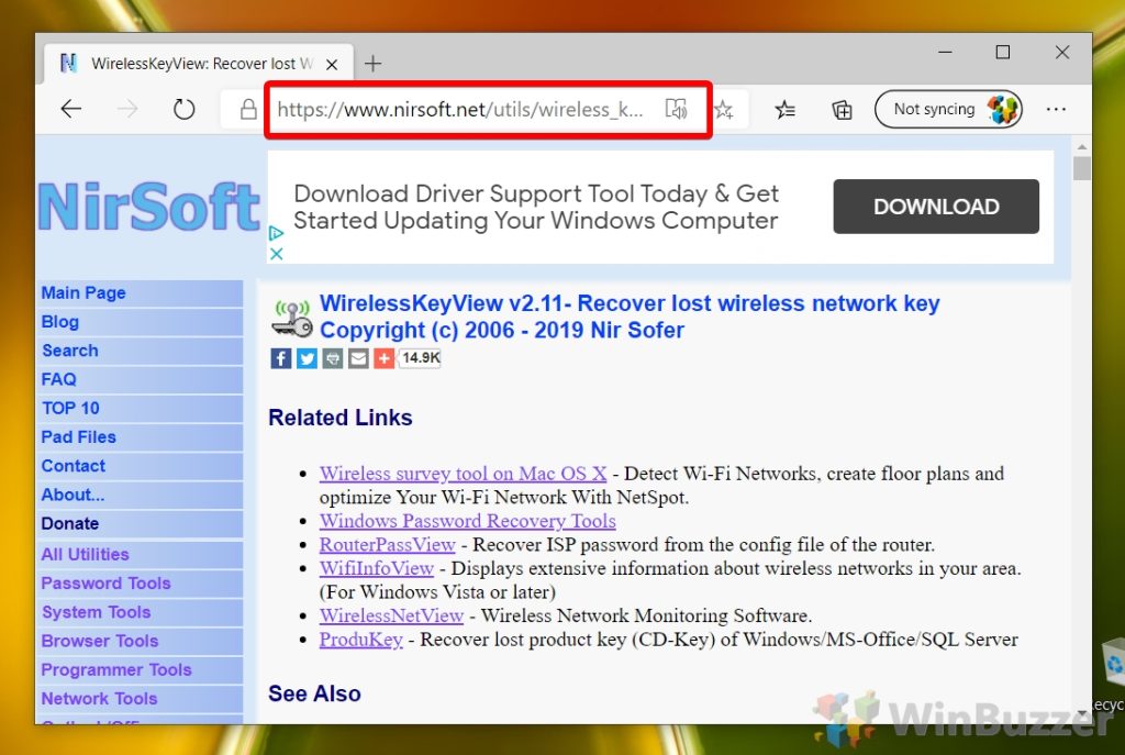 fast wifi password recovery utility WirelessKeyView download page on NirSoft website showing download links