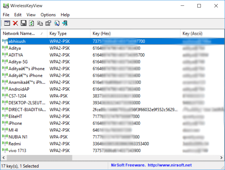 fast wifi password recovery utility WirelessKeyView running on Windows showing list of WiFi networks and passwords