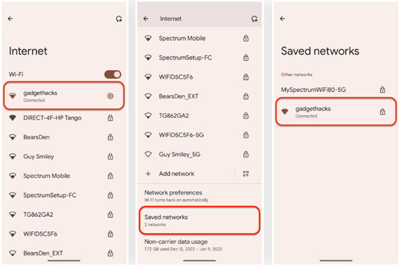 find saved wifi password android Android Wi-Fi settings menu showing current network and saved networks