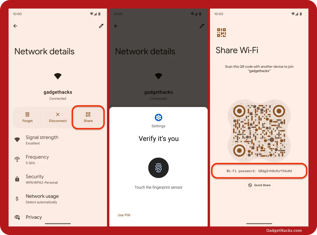 find saved wifi password android QR code scanning on Android phone showing WiFi password