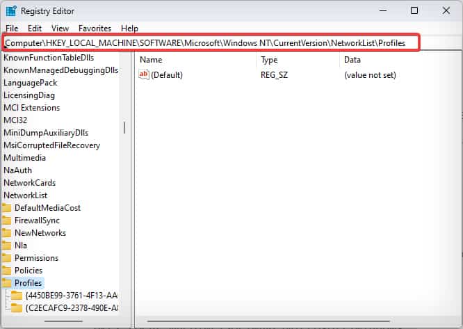 find saved wifi password from registry Registry Editor showing NetworkList Profiles key