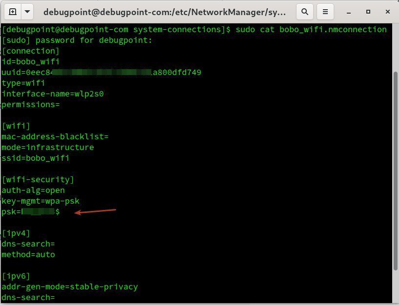 find saved wifi password linux /etc/NetworkManager/system-connections directory listing in Linux terminal