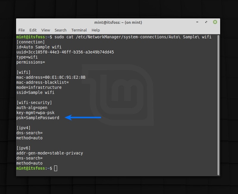 find saved wifi password linux Linux terminal window open on desktop