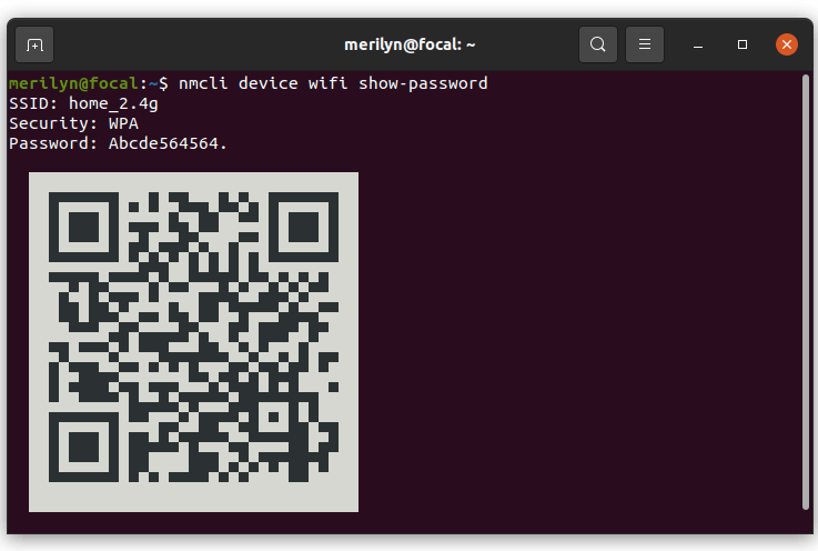 find saved wifi password linux nmcli connection show output in Linux terminal showing saved networks
