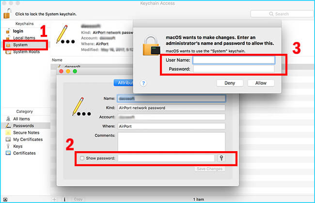 find saved wifi password mac Mac Keychain Access WiFi password window screenshot showing Show Password checkbox