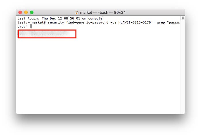 find saved wifi password mac Mac Terminal with security find-generic-password command output showing WiFi password
