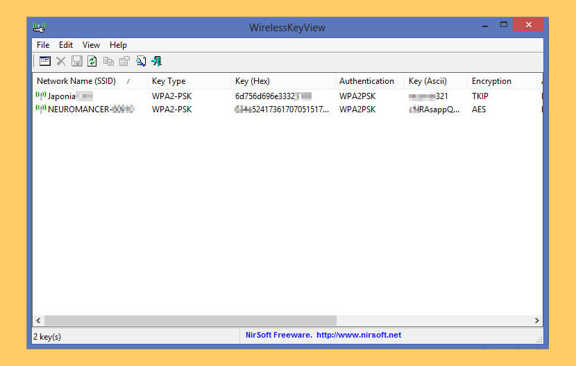 forgotten wifi password recovery tool WirelessKeyView list of WiFi networks with password in Ascii column