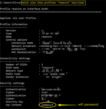 free wifi password recovery portable Windows command prompt showing saved WiFi network profiles