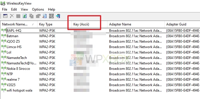 free wifi password recovery utility WirelessKeyView showing entries with hidden network SSID and password