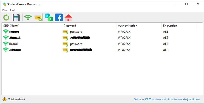 free wifi password recovery utility WirelessKeyView utility showing saved WiFi networks and passwords in table