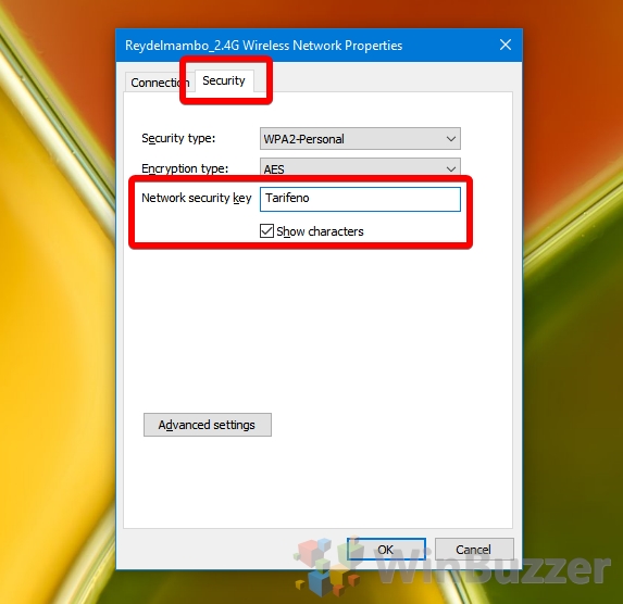 home wifi password recovery Windows 10 WiFi network security key show characters checkbox screenshot