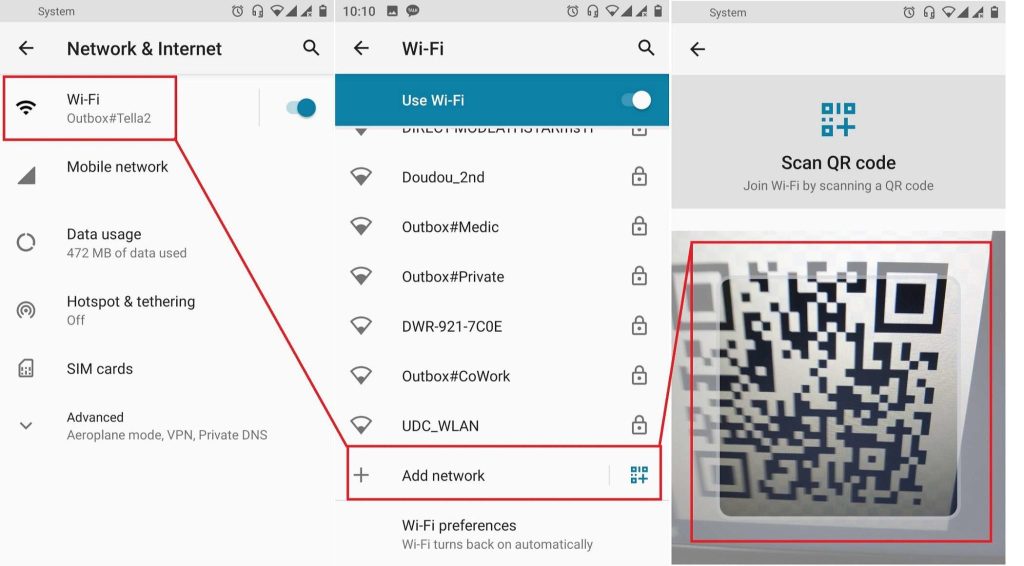 modern wifi password recovery methods Android WiFi settings showing QR code to share network password screenshot