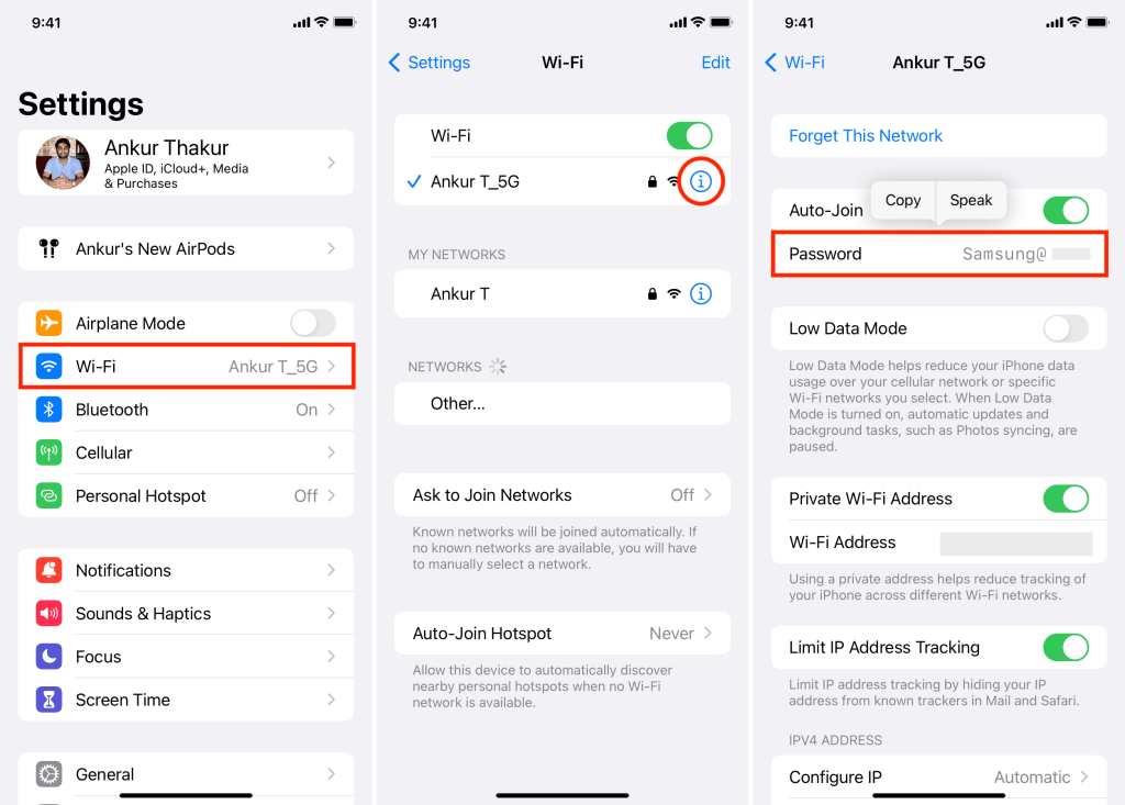 modern wifi password recovery methods iPhone WiFi settings with password hidden behind asterisks screenshot