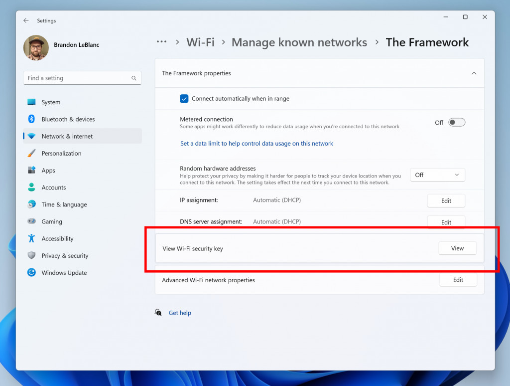 modern wifi password recovery methods Windows network settings showing WiFi password under Wireless Properties screenshot