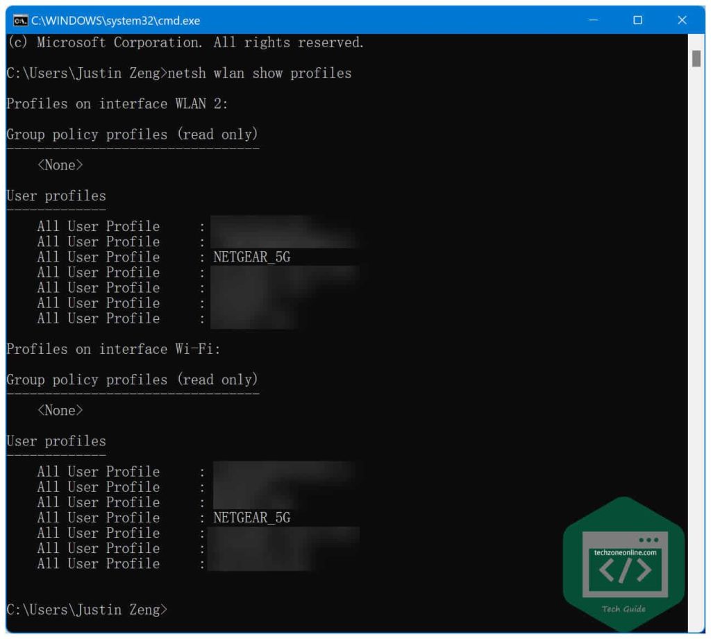 offline wifi password recovery solutions Windows Command Prompt netsh wlan show profiles output screenshot