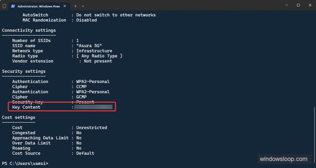 recover forgotten wifi password from saved profile Command Prompt output showing Key Content field with WiFi password