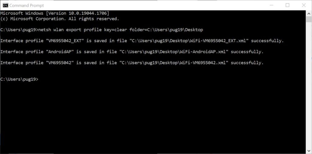 recover forgotten wifi password from saved profile Command Prompt showing netsh wlan show profiles list