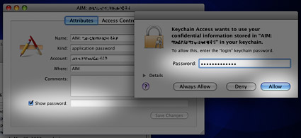 recover forgotten wifi password from saved profile Keychain Access window showing Show password checkbox for WiFi entry