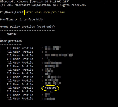recover forgotten wifi password using cmd Command Prompt netsh wlan show profiles output list of WiFi networks