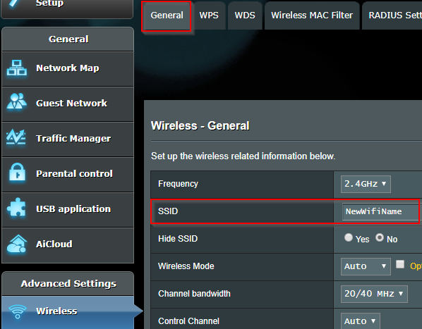 recover wifi password from asus router Asus router wireless settings page with SSID and security options