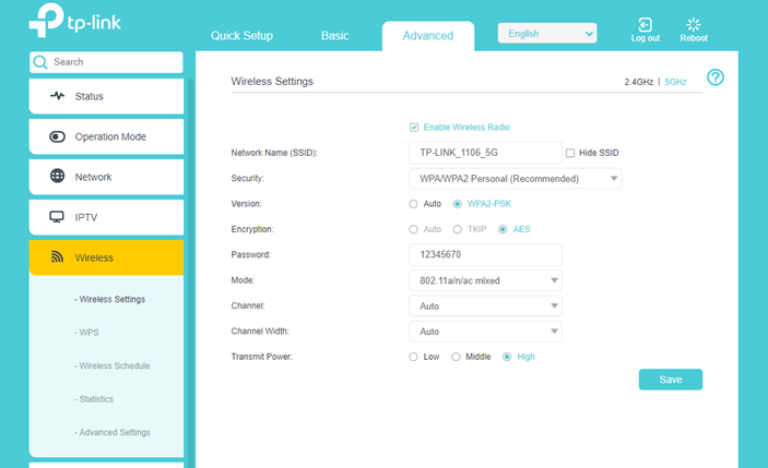 recover wifi password from modem Wireless settings tab in modem admin panel showing network name and security options