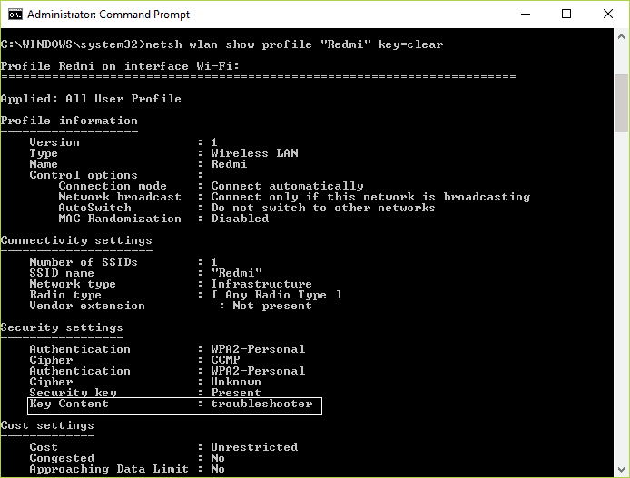 recover wifi password on desktop Windows Command Prompt netsh wlan show profile name command output with password