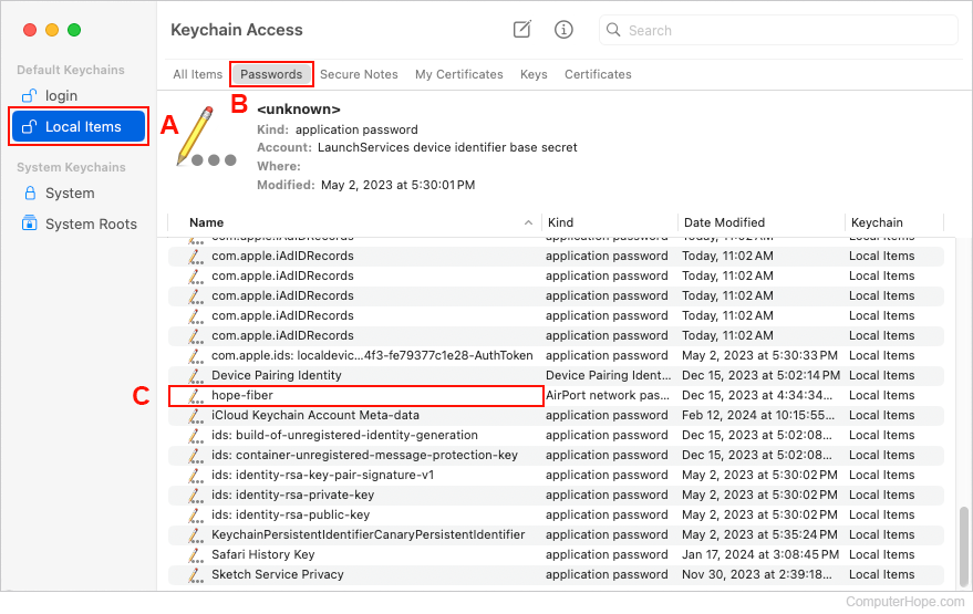 recover wifi password on laptop macOS Keychain Access show password window for WiFi network