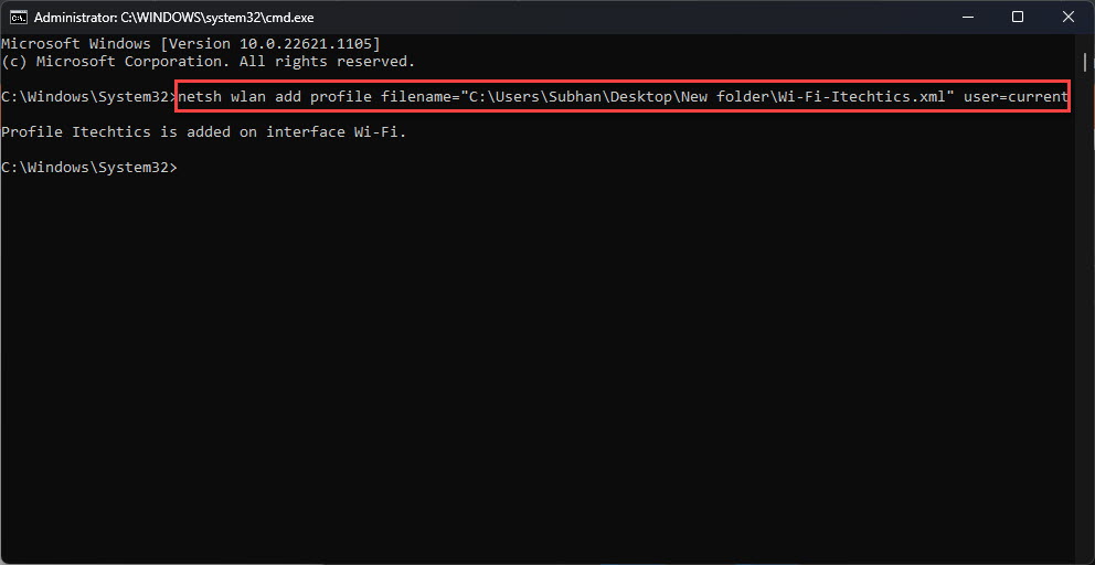 restore wifi passwords from backup Windows command prompt showing wifi profile list
