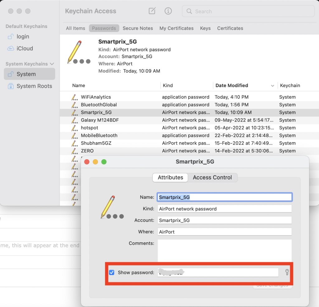 restore wifi passwords mac Keychain Access WiFi network properties window with Show password checkbox and password revealed