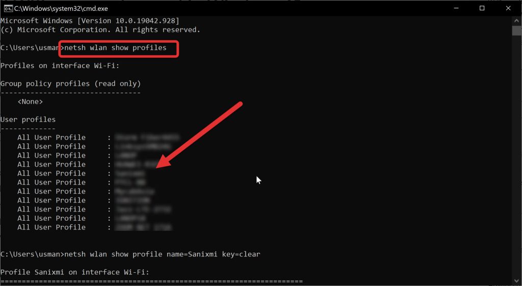 restore wifi passwords windows Windows Command Prompt showing netsh wlan display profile with WiFi password visible