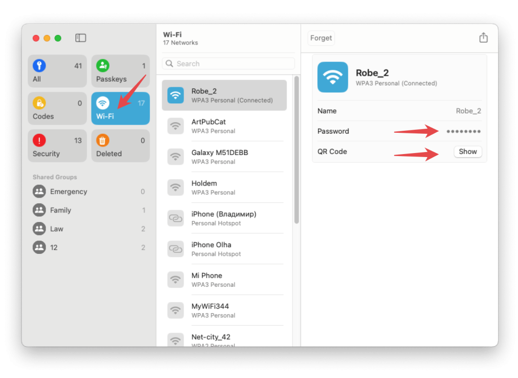 saved wifi password recovery mac macOS Keychain Access app window showing WiFi password entry