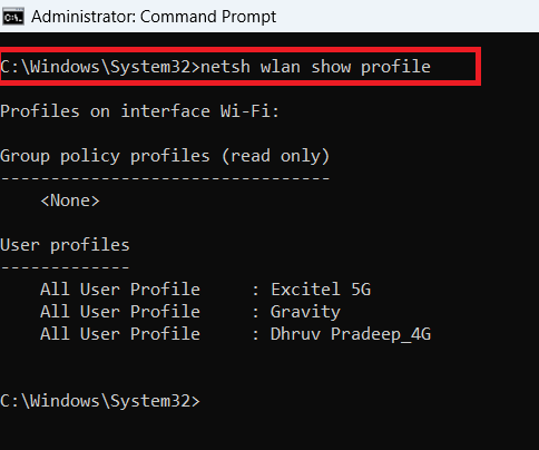 show wifi password windows Command Prompt running netsh wlan show profile name=WiFiName key=clear showing password