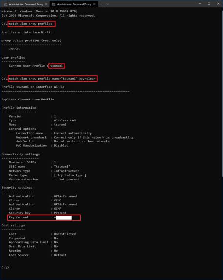 view saved wifi password on laptop Command Prompt netsh wlan show profile key clear screenshot