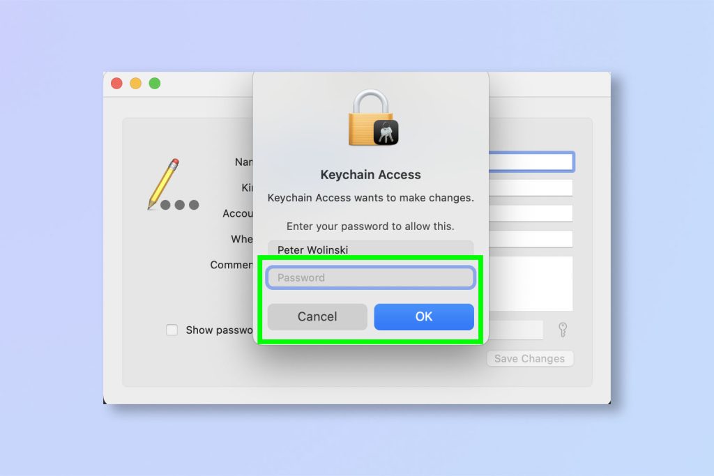view saved wifi password on laptop Keychain Access Mac WiFi password reveal checkbox screenshot