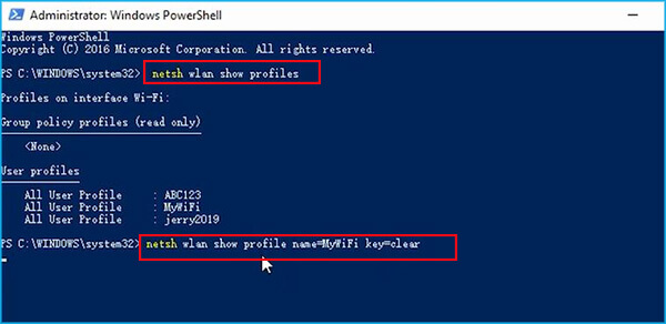 view saved wifi password using powershell PowerShell netsh wlan show profile key clear showing Key Content