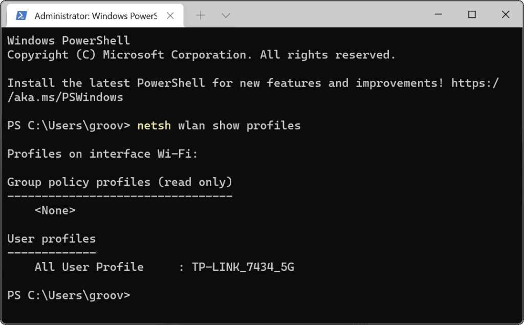 view saved wifi password using powershell PowerShell netsh wlan show profiles output
