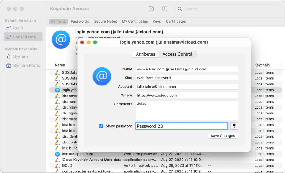 wifi password recovery after macos update Keychain Access revealed WiFi password text selected with cursor