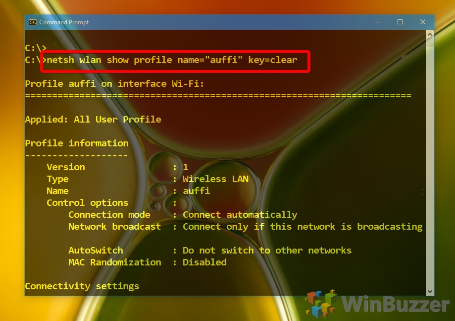 wifi password recovery command from profiles netsh wlan show profile key clear output showing Key Content