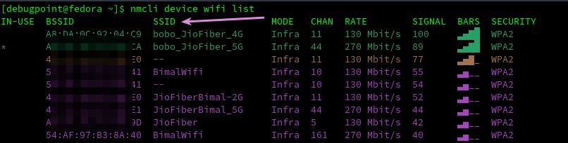 wifi password recovery command line Linux terminal with nmcli device wifi list and nmcli connection show commands