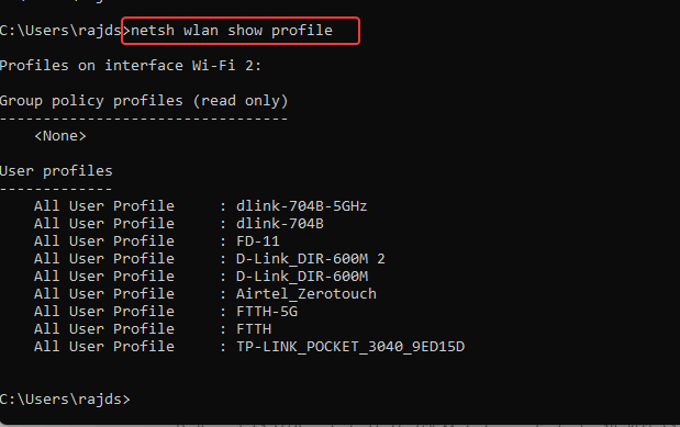 wifi password recovery for hidden network Windows Command Prompt netsh wlan show profile hidden network
