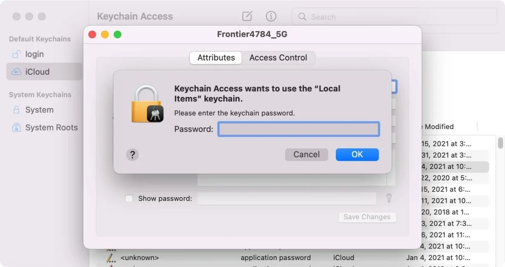 wifi password recovery for office networks Mac Keychain Access WiFi password show password dialog